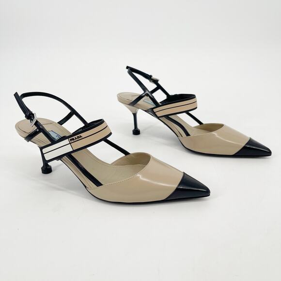 Prada Beige Black Leather Slingback Pointed Toe Mary Jane Cap Toe Heels IT 37 - Picture 3 of 15